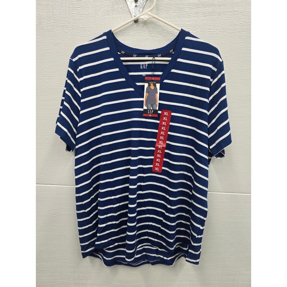 Gap Womens V-Neck T-Shirt XL Navy Blue White Striped Short Sleeve Tee NWT